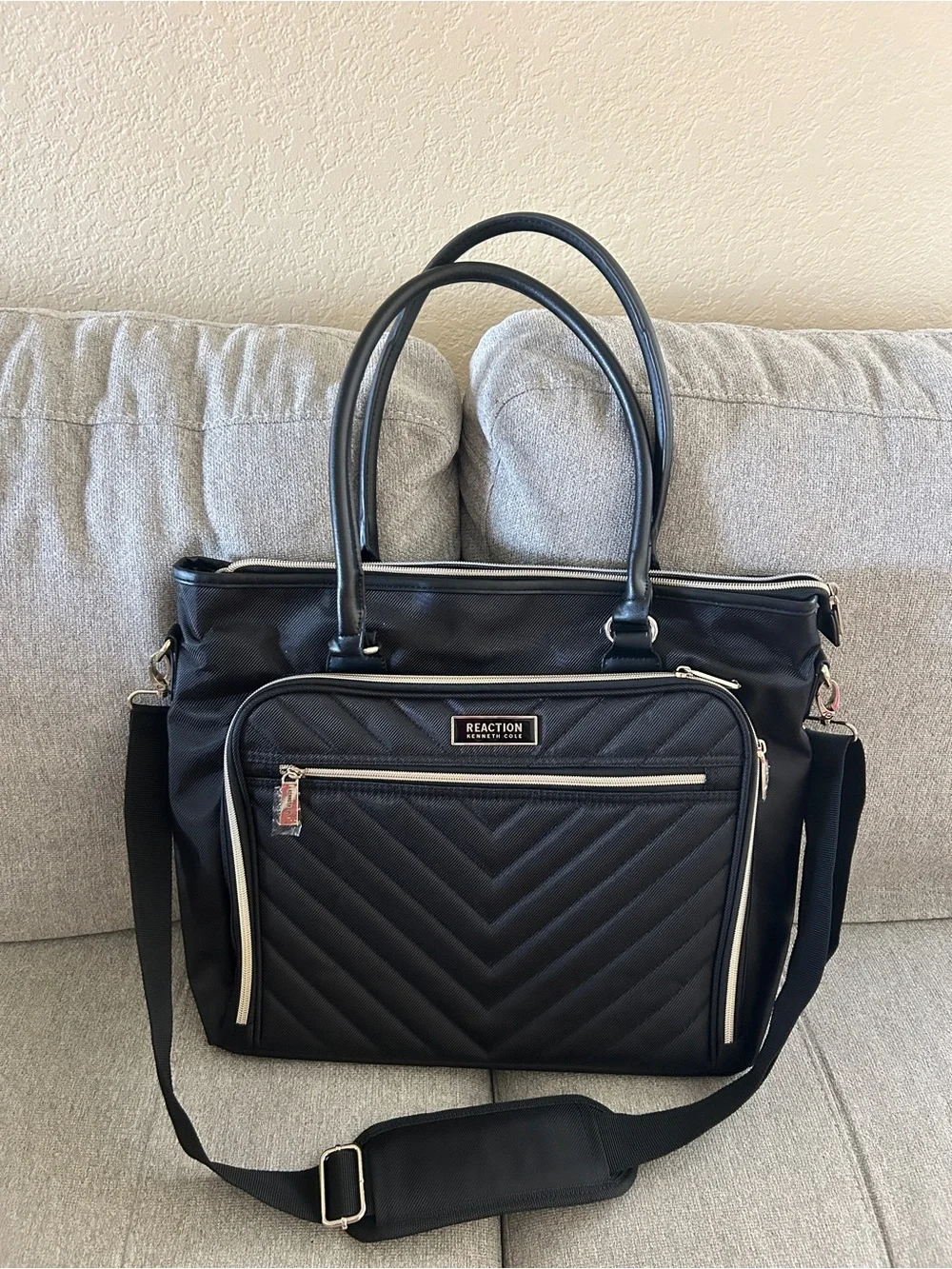 KENNETH COLE REACTION Black Quilted Laptop Tote with Shoulder Strap