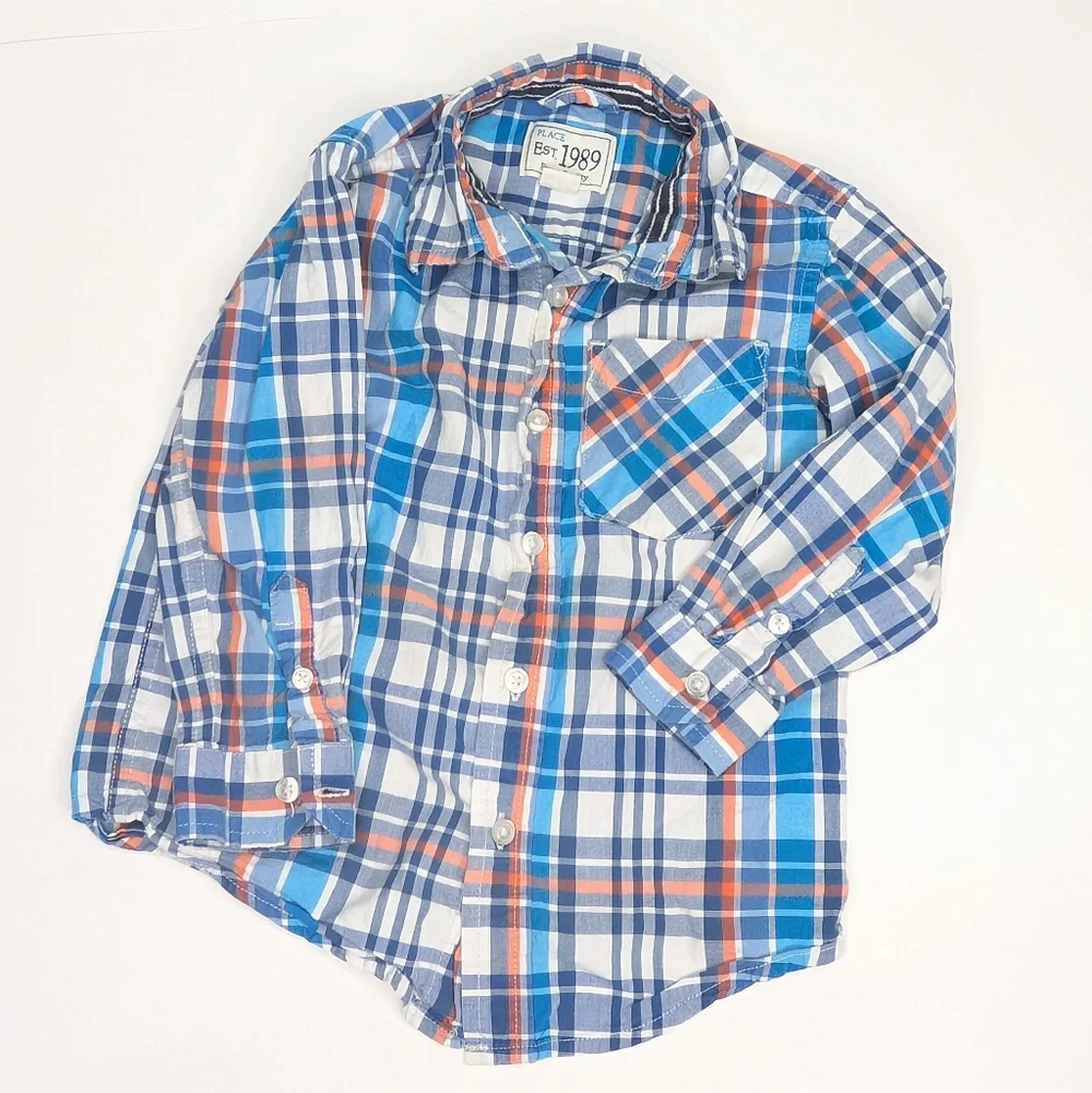 Children’s Place Boys Plaid Button-Up Shirt – Blue Orange‎ Check – Size 3T