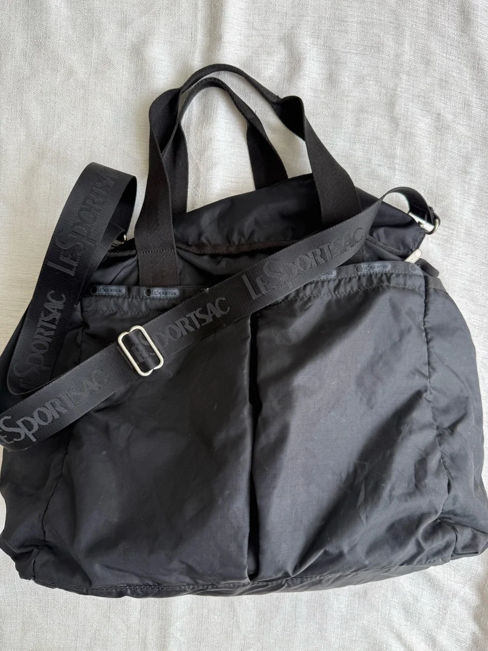 Lesportsac Black Nylon Convertible Duffel Tote with Logo Strap