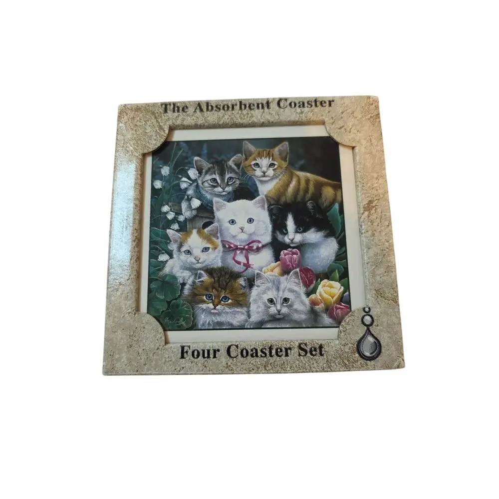 Stone Art absorbent four coasters set cats kittens Highland Graphics unused