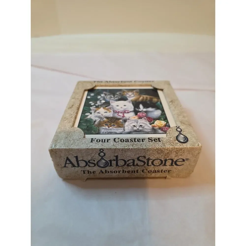 Stone Art absorbent four coasters set cats kittens Highland Graphics unused