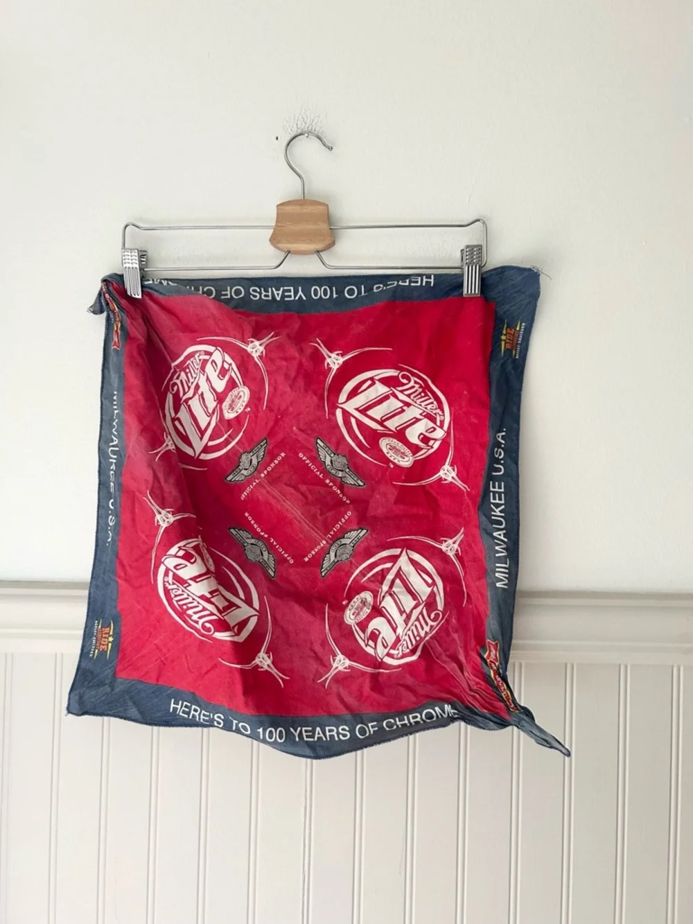 Vintage Miller Lite Harley Davidson Red & Navy Bandana Scarf *Faded*