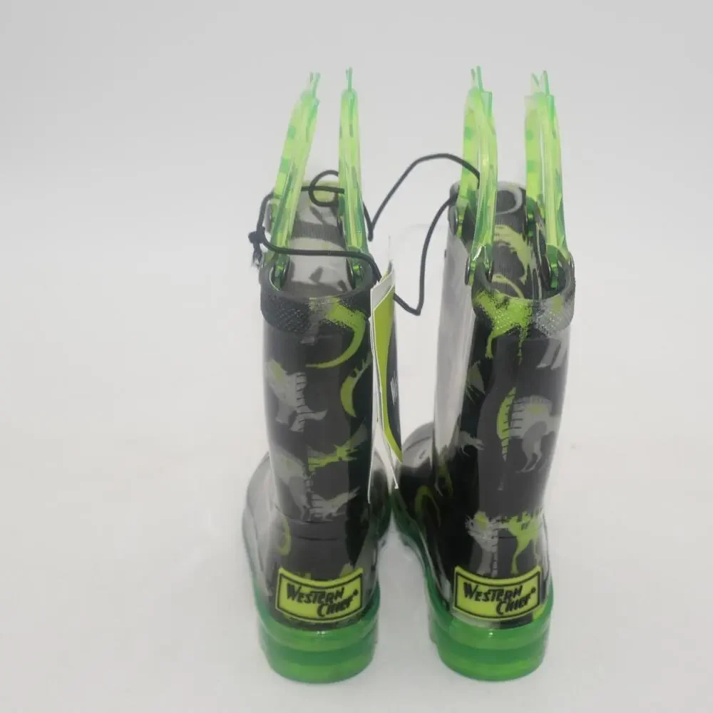 NEW Western Chief Dinosaur Light Up Rain Boots Green Pull Up Toddler Boys 5