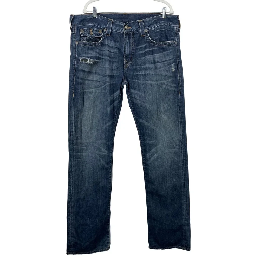 True Religion Mens Size 38x34 Ricky Relaxed‎ Straight Jeans Dark Wash Distressed