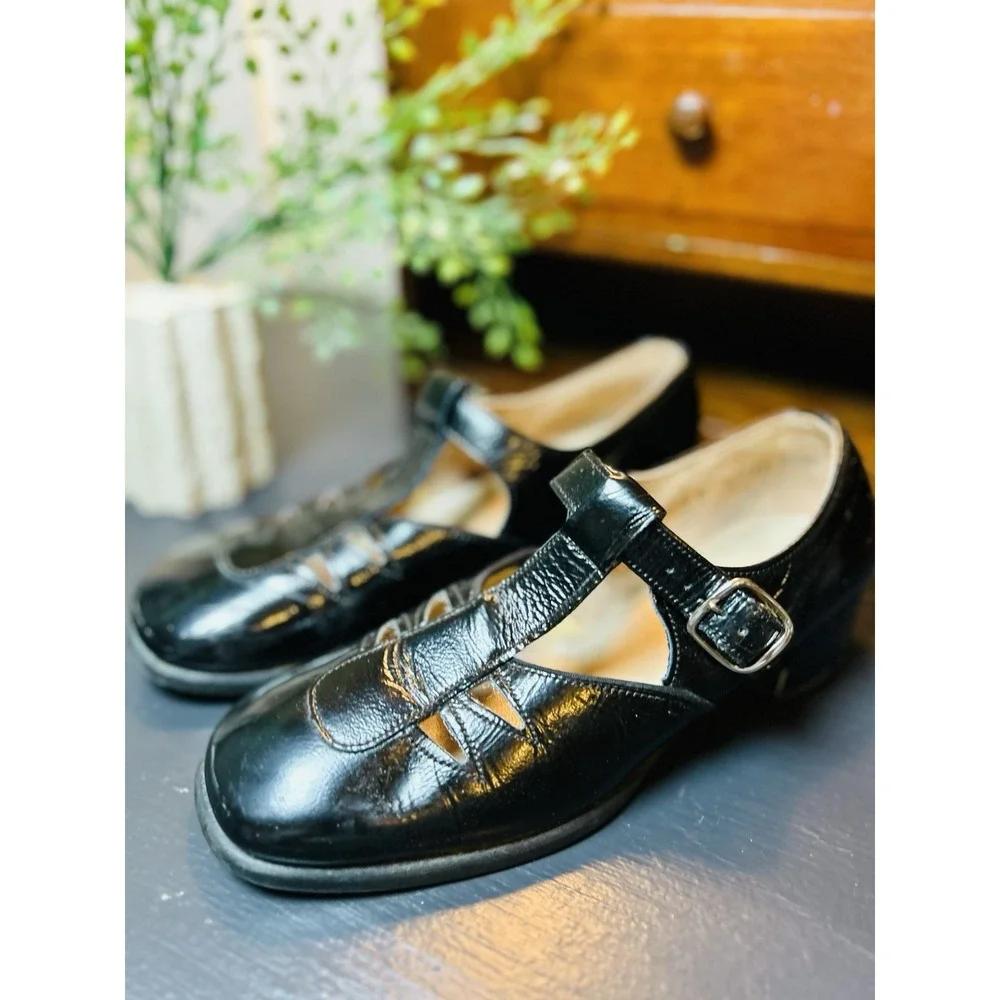 Vintage Girls Leather Shoes Stride Rite 3D Hard Soles T‎ Strap Mary Jane Black