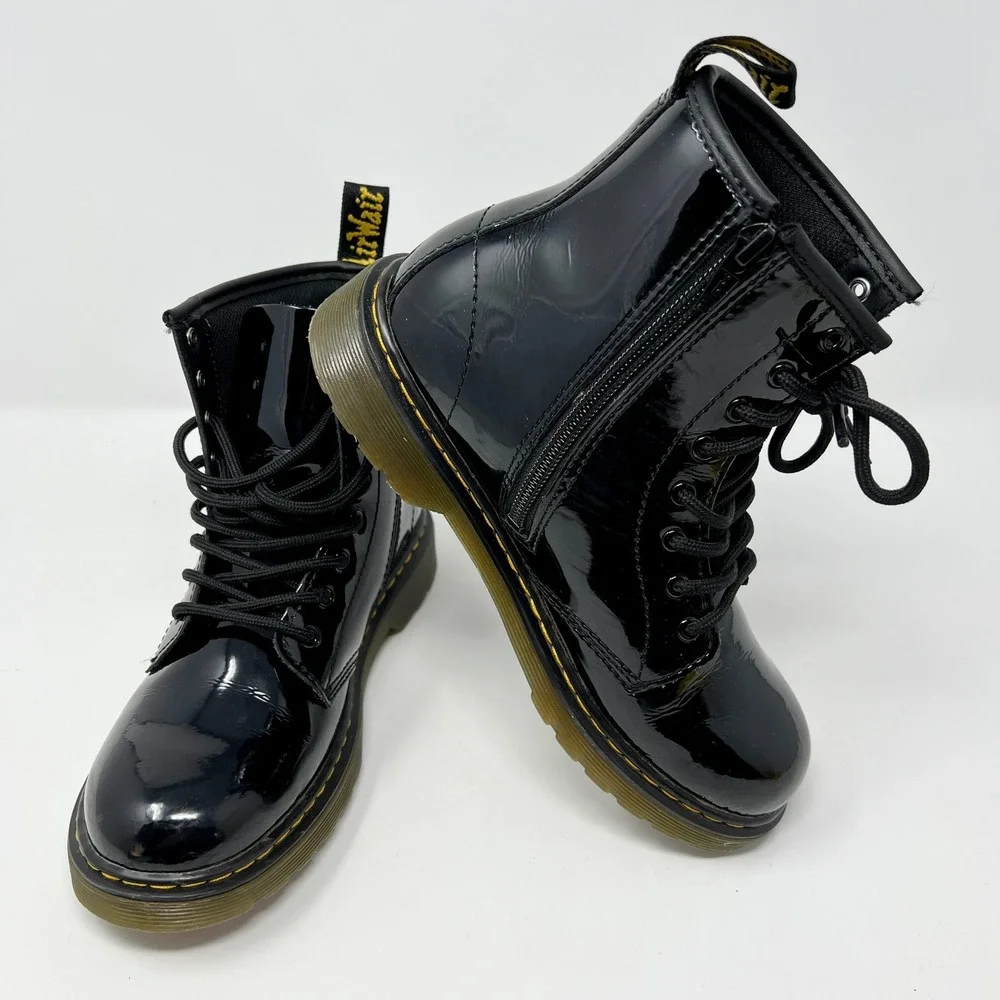 DR MARTENS Junior‎ 1460 Delaney Patent Leather Lace Up Side Zip Boots Youth SZ 4