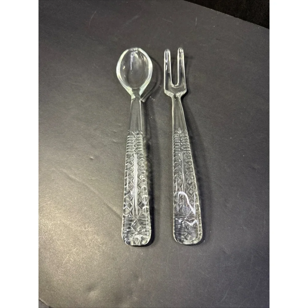 Anchor Hocking VTG Clear Pressed Glass Condiment Serving Set Spoon and Fork 1950