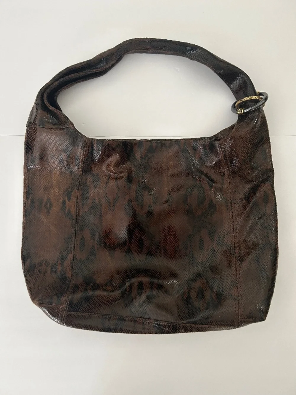 Kate Landry Leather Snake Print Large Hobo Handbag Black and Brown Boho Chic