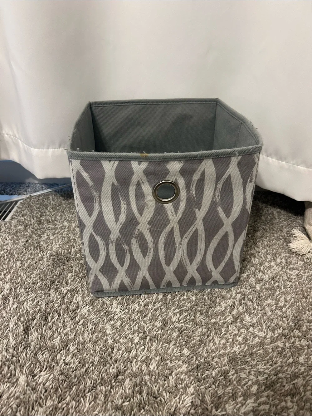 Gray Patterned Fabric Storage Bin with Metal Grommet Handle