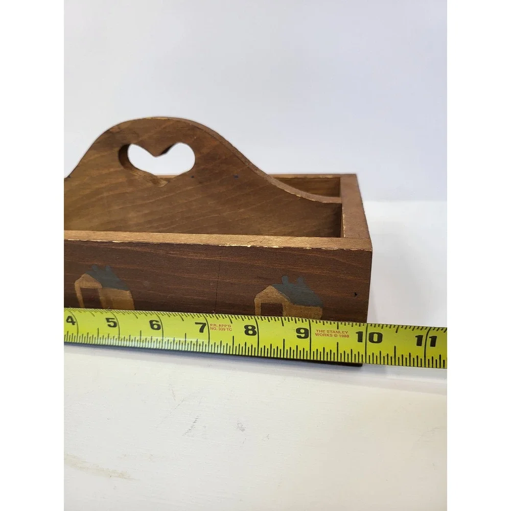 Vintage Primitive Wooden Caddy Heart Handle Saltbox House Country Farmhouse