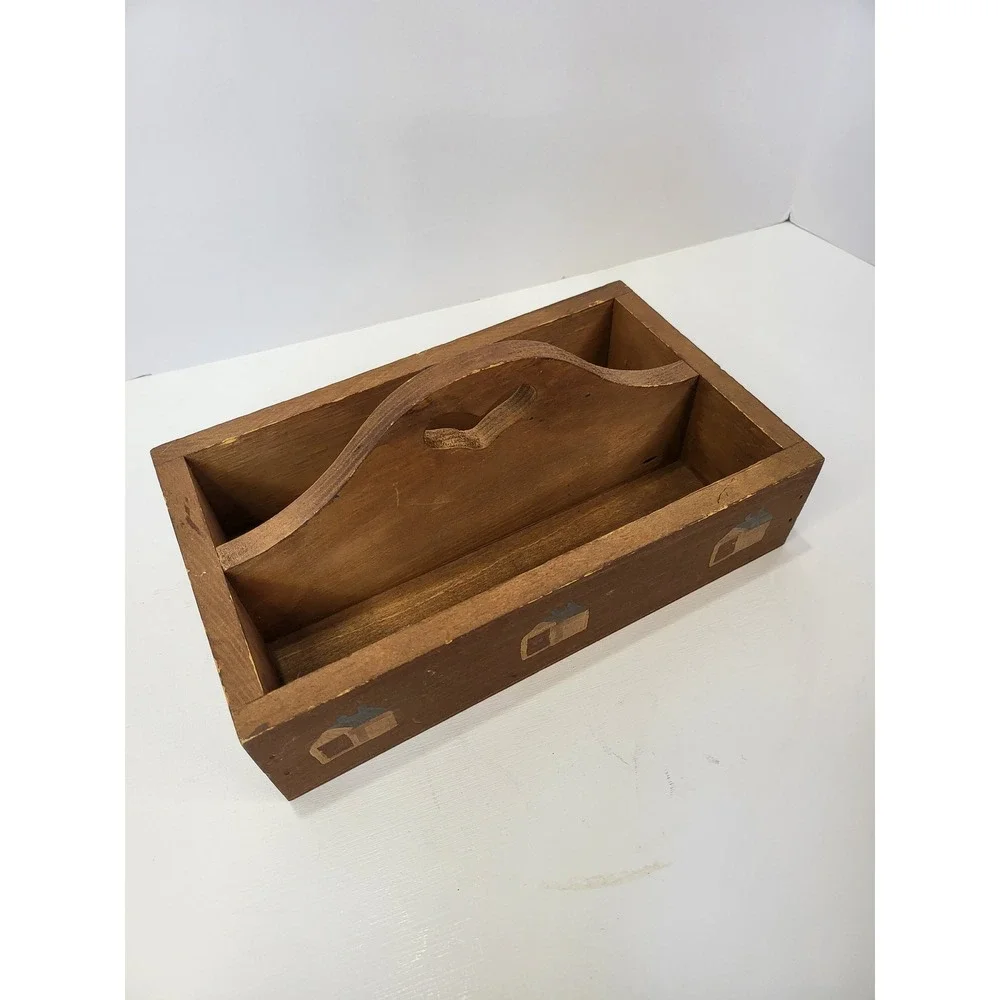 Vintage Primitive Wooden Caddy Heart Handle Saltbox House Country Farmhouse