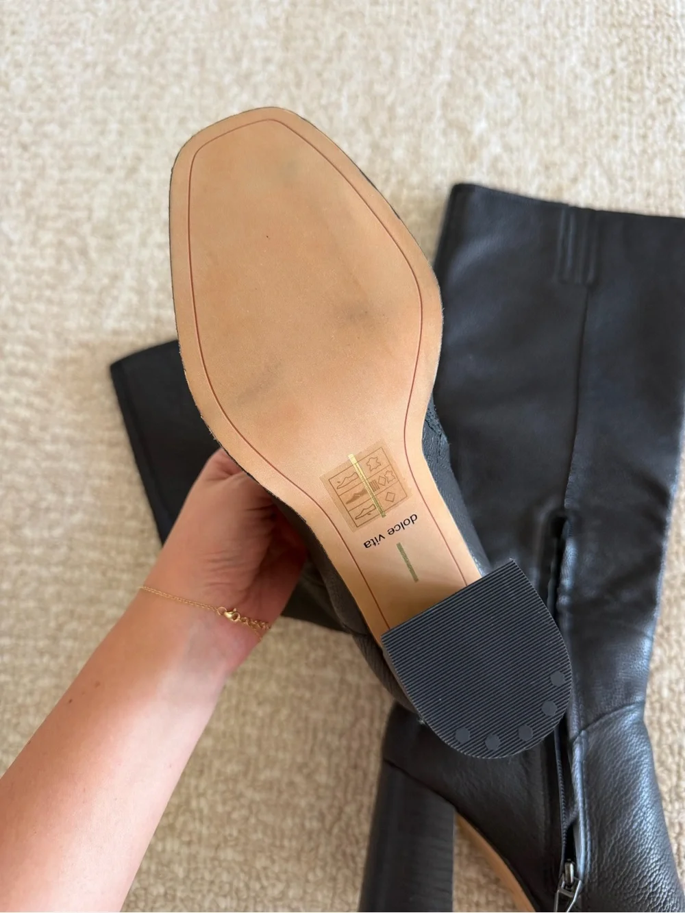 Dolce Vita Flynn Black Leather Knee-High Block Heel Boots for Women