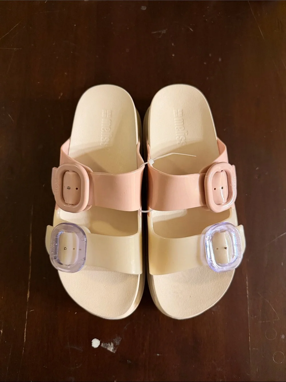 Mini Melissa Two-Buckle Slide Sandals in Pink and Cream