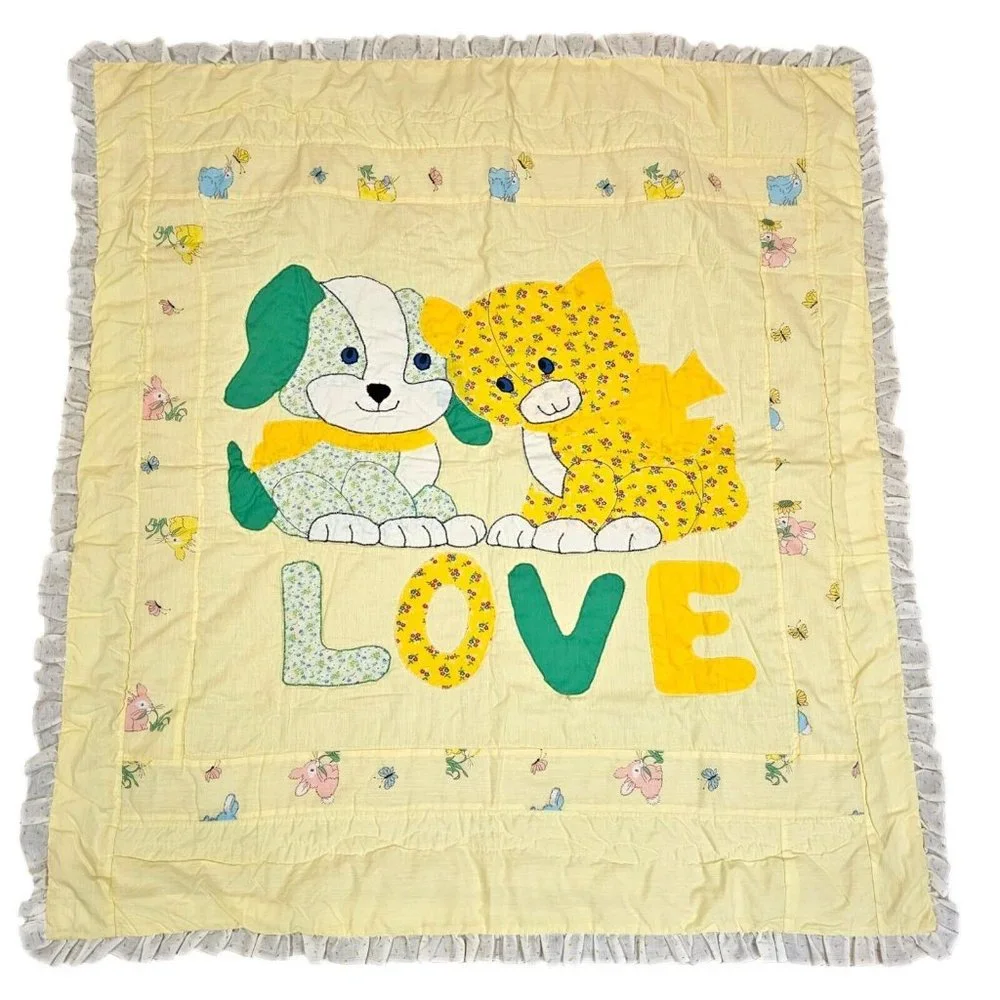 70s Retro Kitschy Dog Cat‎ Yellow Baby Quilt Blanket Bunny Butterfly Ruffle Trim