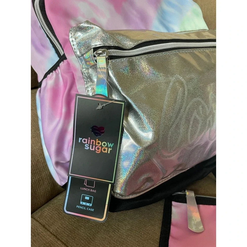 Rainbow Sugar 3pc Backpack Set Tie Dye Silver Holographic Lunch Bag Pencil Case