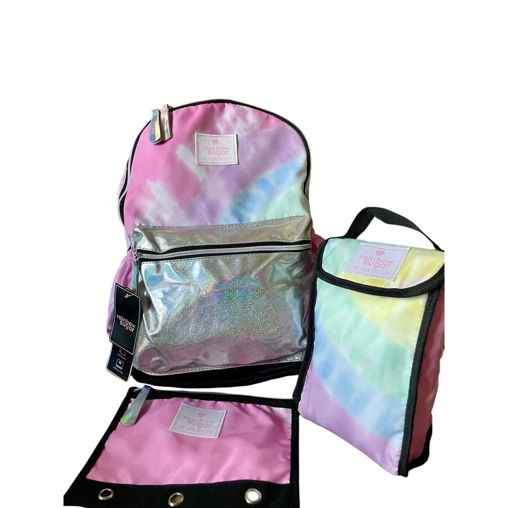 Rainbow Sugar 3pc Backpack Set Tie Dye Silver Holographic Lunch Bag Pencil Case