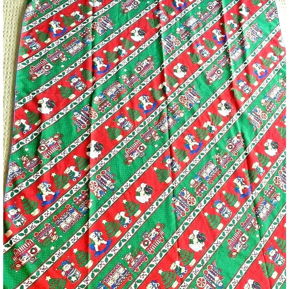 Vintage Christmas Tablecloth Red Green Bears Train