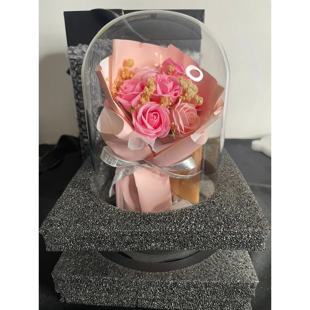 Preserved Pink Soap Rose Bouquet in Glass Dome with LED Lights‎ and Gift Box
