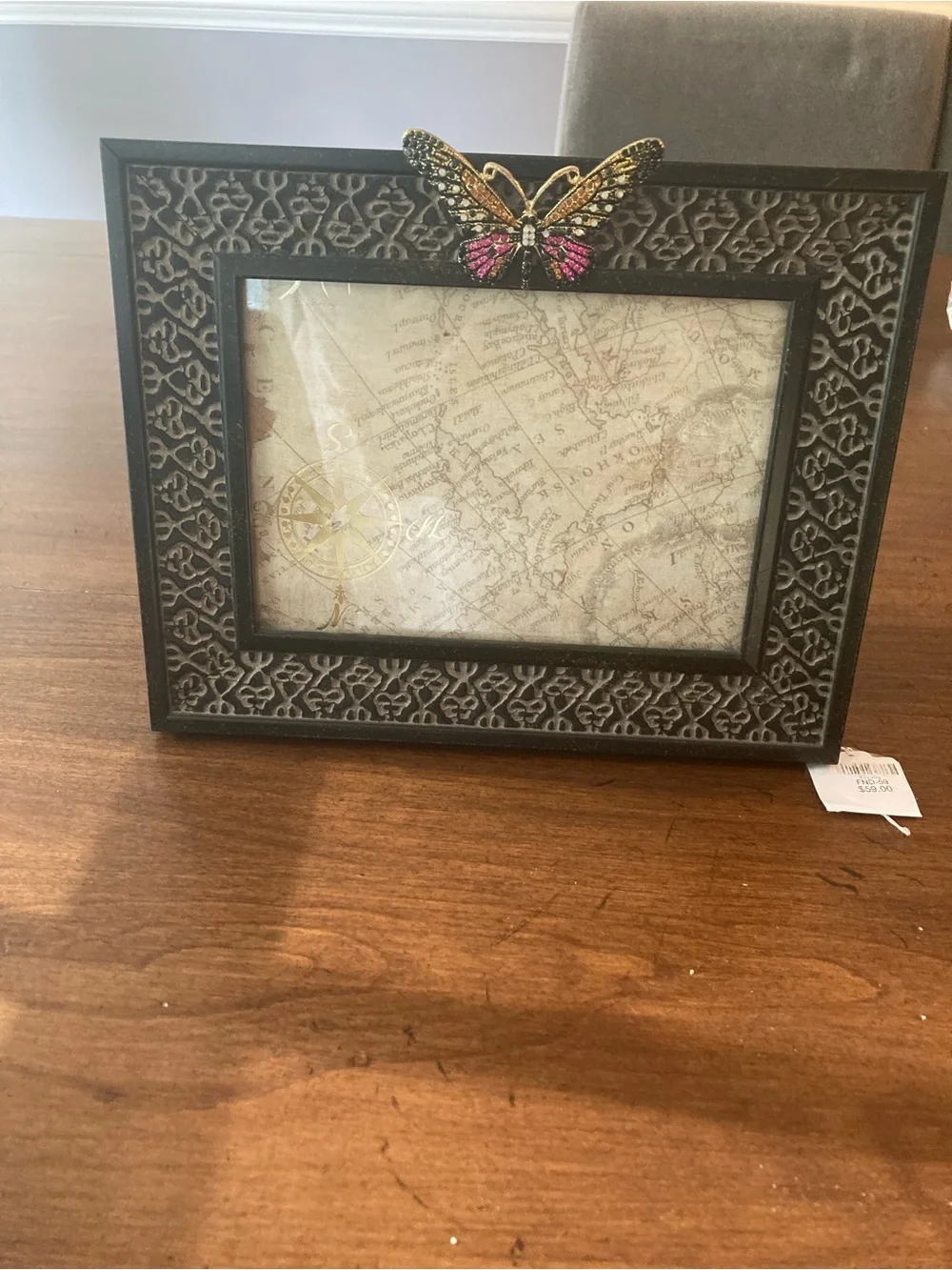 Carved Black Picture Frame with Pink and Gold jeweled Butterfly Accent