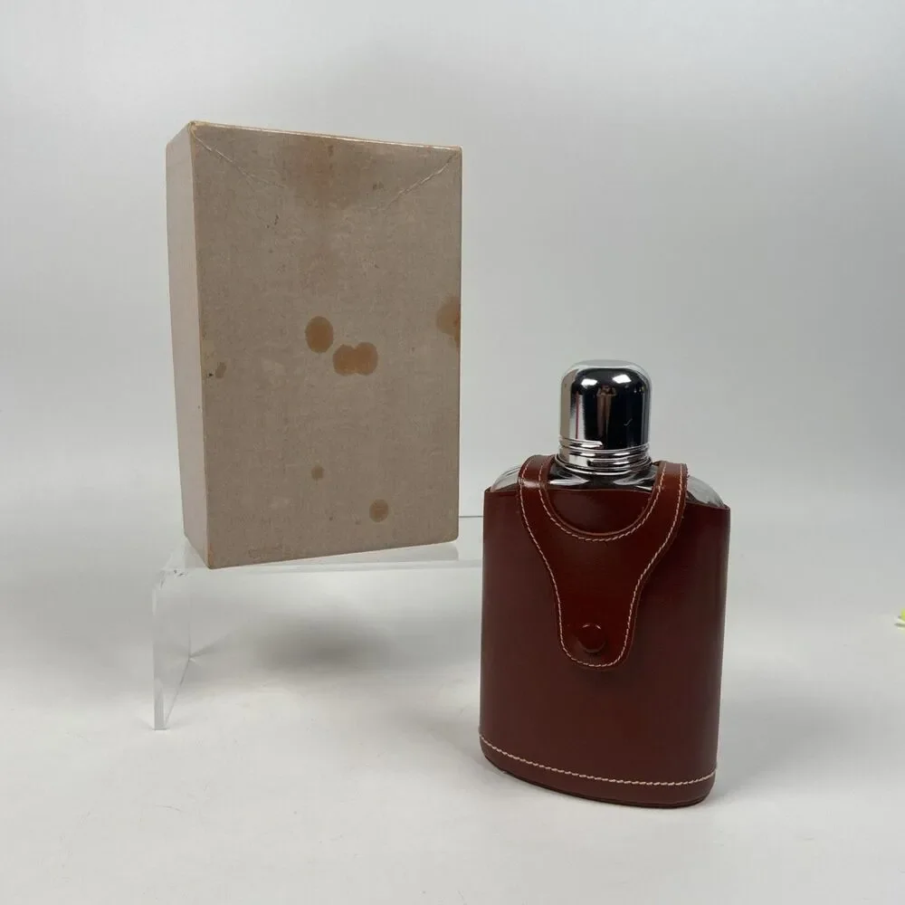 Vintage Glass Hip Flask With Leather Case And Silver Tone Hardware