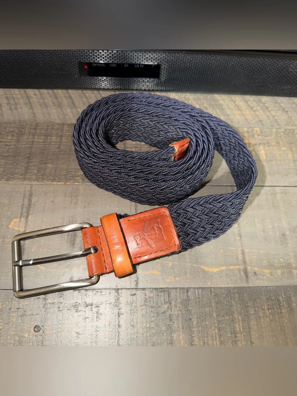 Men's original penguin 34-36 Navy Woven Belt with‎ Brown Leather Trim