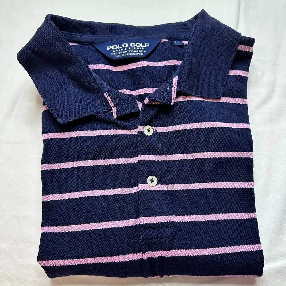 RLX Ralph Lauren Golf Polo‎ Men’s Large Striped Pink Blue Moisture Wicking