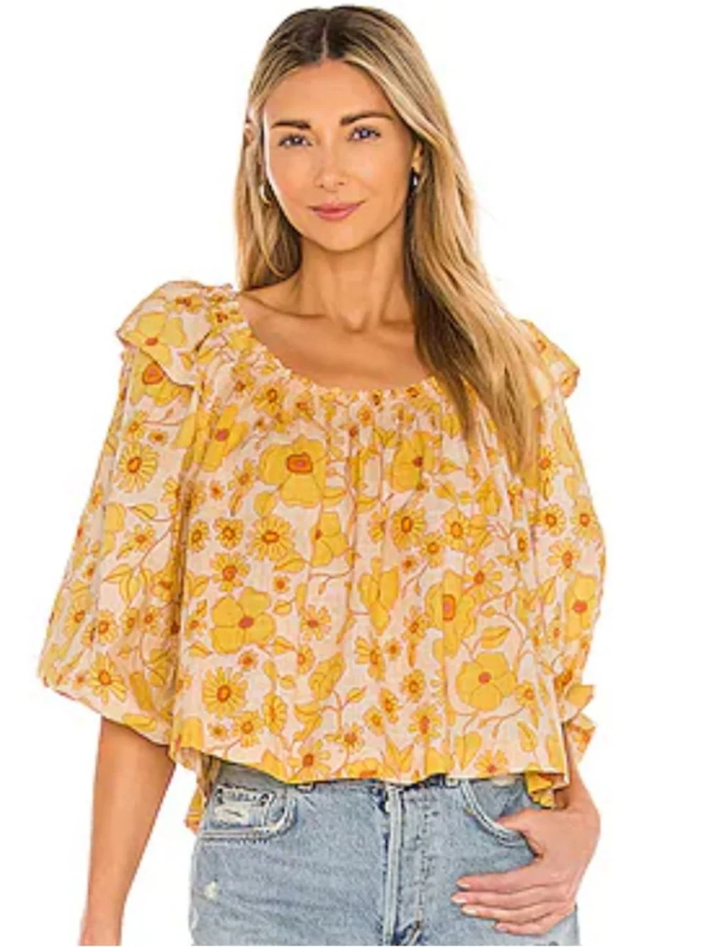 Free People Miss Daisy Floral Off-Shoulder Yellow and Brown Peasant Top Size S