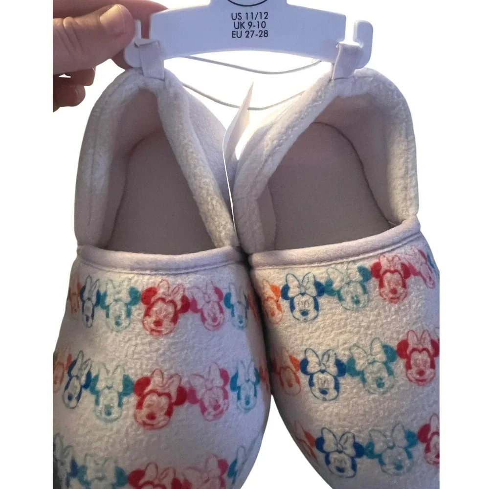 Kids Minnie Mouse Slippers Size 11- 12 White‎ Fleece Cozy Indoor Shoes