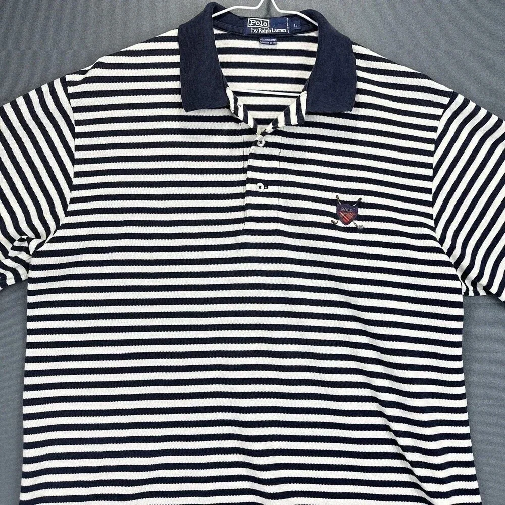 Ralph Lauren Polo Shirt Mens Large Navy Striped Shield Short Sleeve Fine Cotton