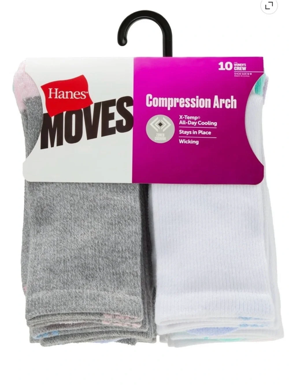 Hanes Moves Compression Arch Crew Socks - Gray & White - 10 Pack