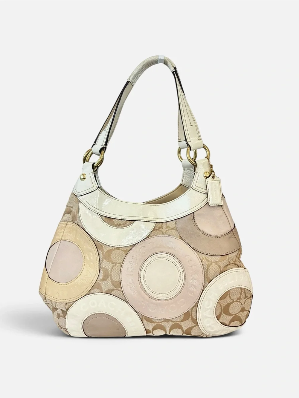 Coach Neutral Multi Circle Patch Hobo with Gold Hardware