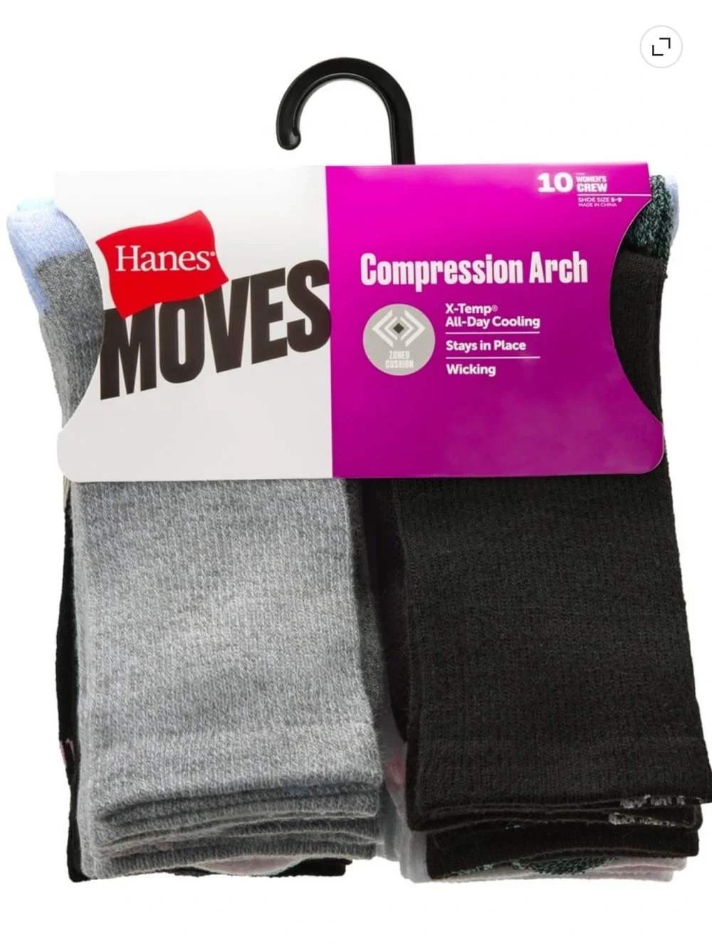 Hanes Moves Compression Arch Crew Socks - Gray & White - 10 Pack