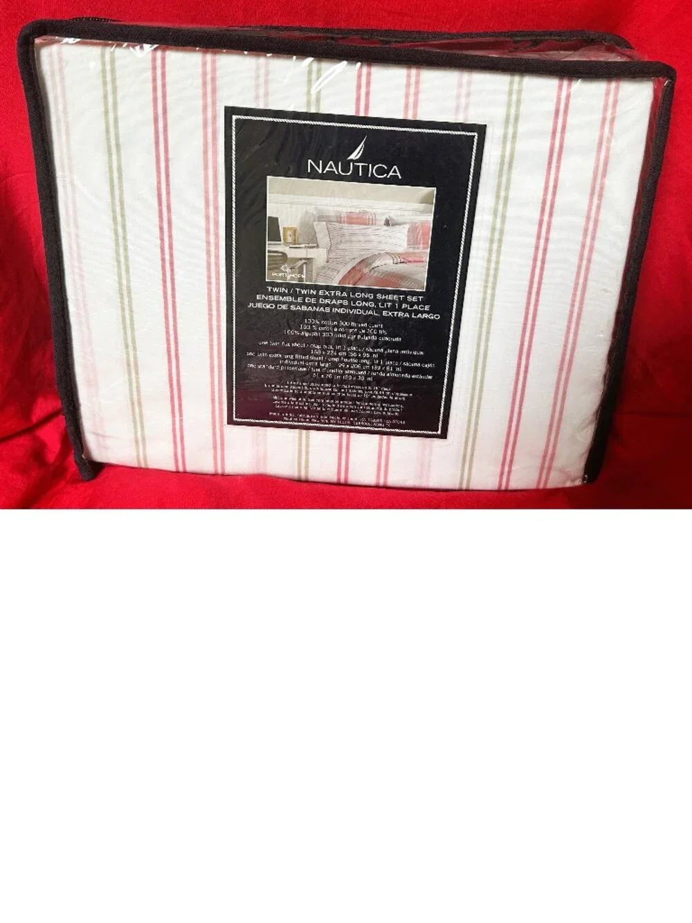 TWIN XL COTTON Duvet Cover Sham Deep Fitted Sheet set~Nautica pink/white stripe
