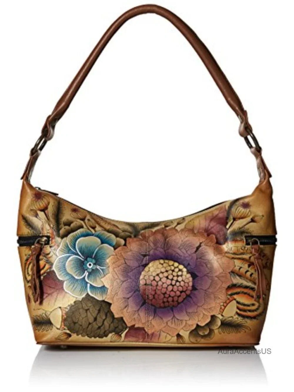 Genuine Leather Hand Painted Medium East-West Hobo Zip-Top Shoulder Bag