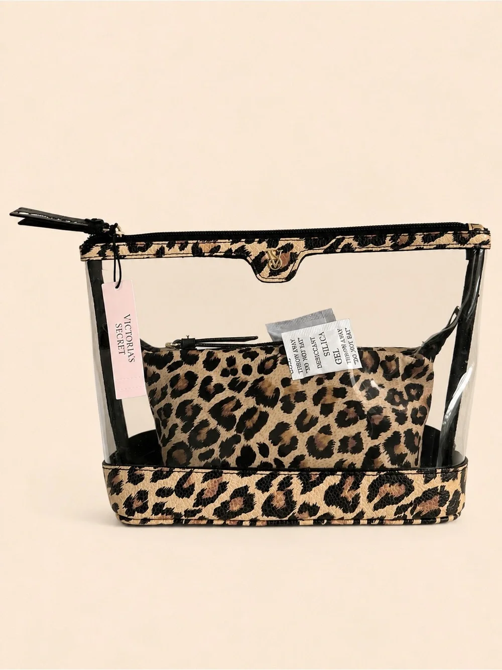 Victoria's Secret Leopard Print Clear Cosmetic Pouch Set - Tan, Black