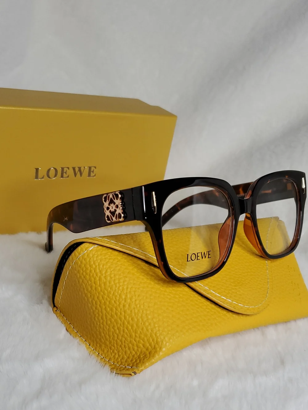 Loewe Tortoiseshell Square Frame Glasses with Yellow Loewe Case  Ready for RX.