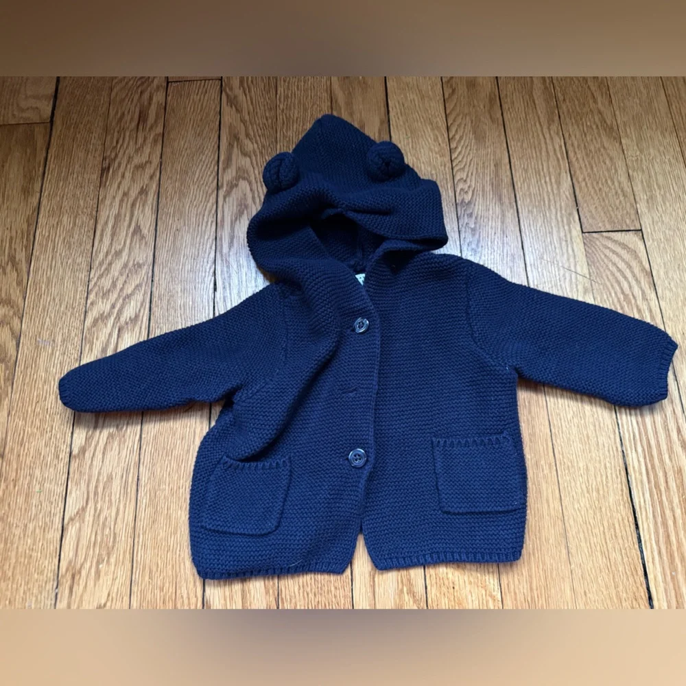 Gap Dark Blue Bear Baby Knit Hooded Cardigan - Size 3-6 Months