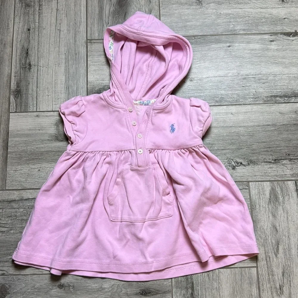 Ralph Lauren Girl Puff Sleeve Hooded Half Button Front Mini Dress Pink Size 18M