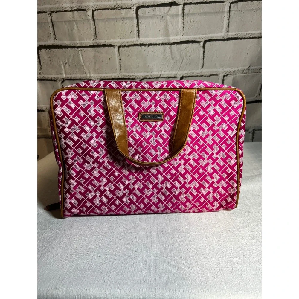 Tommy Hilfiger Pink Monogram Travel Toiletry Bag Makeup Case Organizer Tan Trim