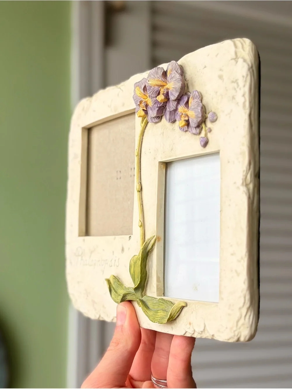 Phalaenopsis Floral Ceramic Double Photo Frame - Cream with Purple Accents