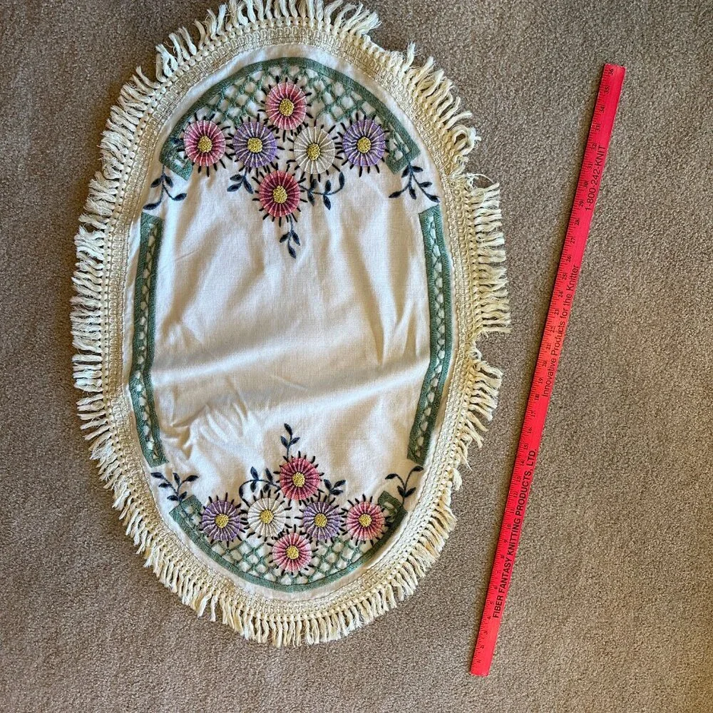 Vintage Handmade Oval Floral Embroidered Table Runner