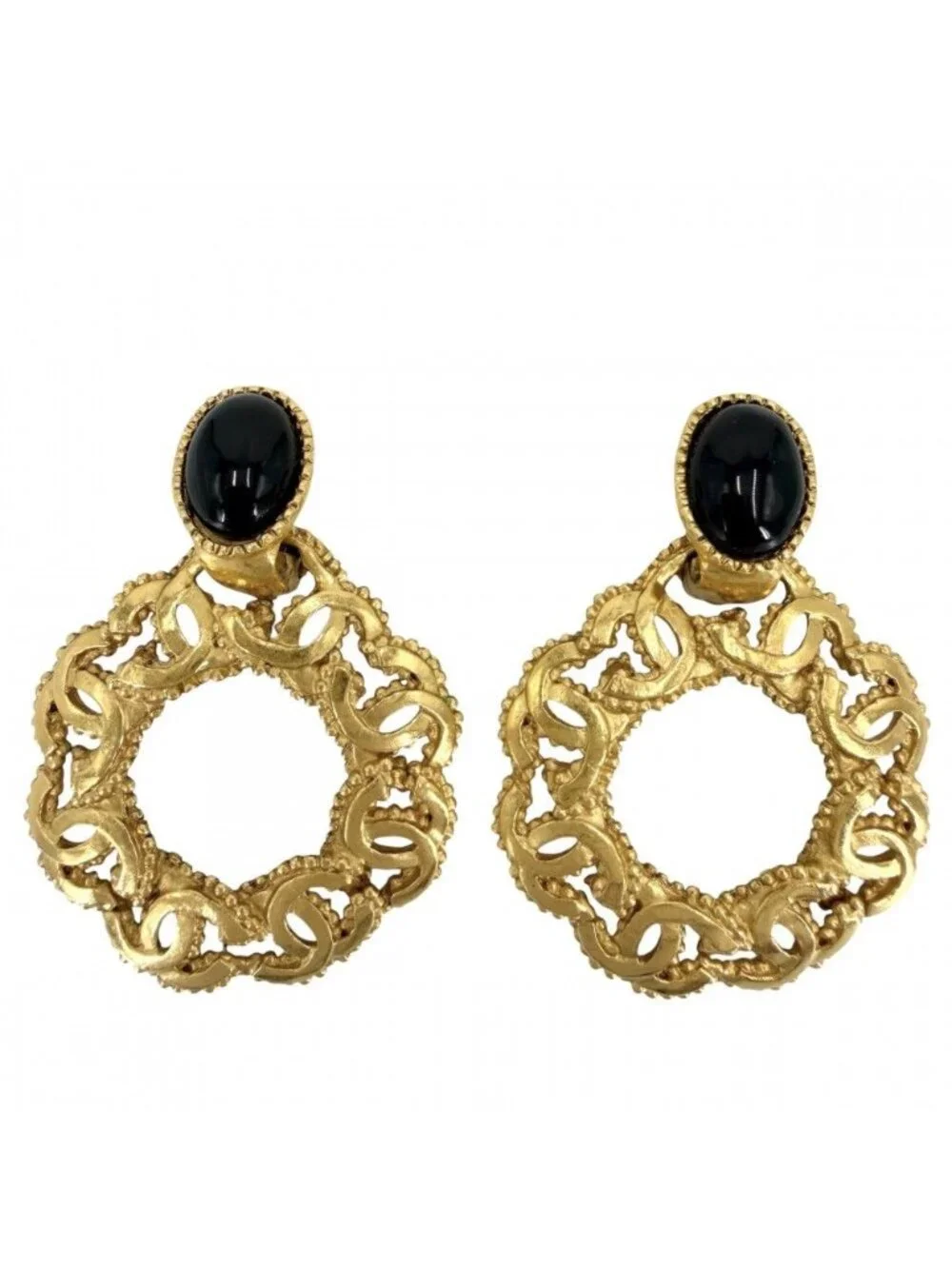 Chanel Earrings CC Logo Vintage Color Stone Gold Black