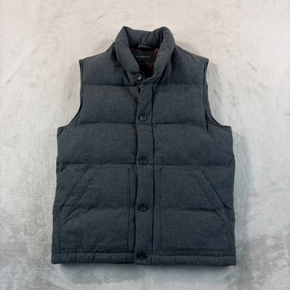 Banana Republic Downtown Vest in Grey Glen Check Men Medium Puffer Zip‎ Up NWOT