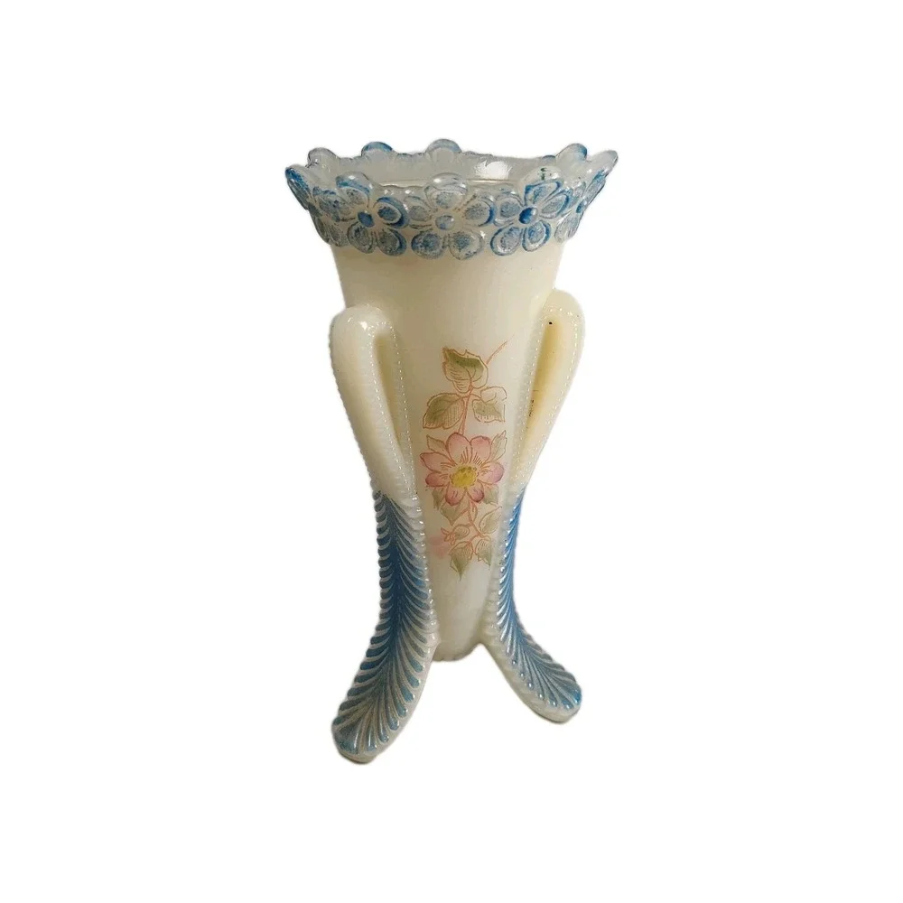 Glass Vase On Petal Feet Victorian Decorated USA Vermont Pattern, 6.5