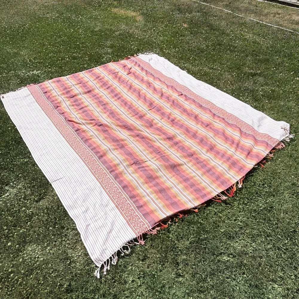 Vintage 100% Cotton Handwoven Colorful MCM Striped Blanket Rug Bangladesh 96x82