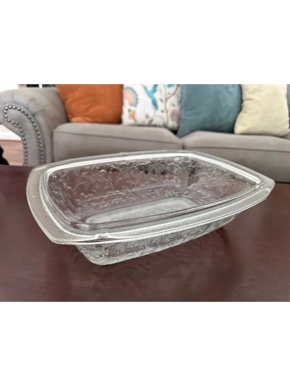 Princess House Fantasia Glass Casserole Dish Floral Pattern Integrated Handles