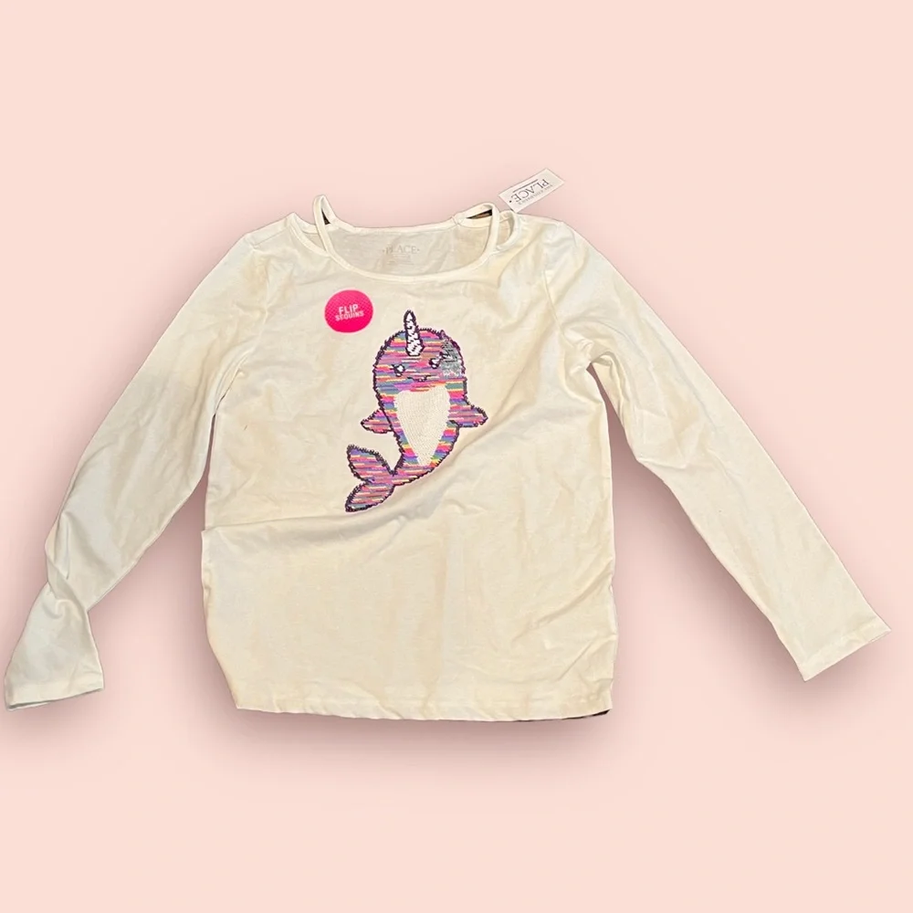 ⭐️ NWT - Children's Place Girls Cold Shoulder Narwal Flippy Shirt Size L (10/12)