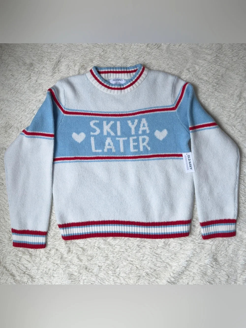 Old Navy White & Light Blue 'Ski Ya Later' Kids Sweater with Red Trim
