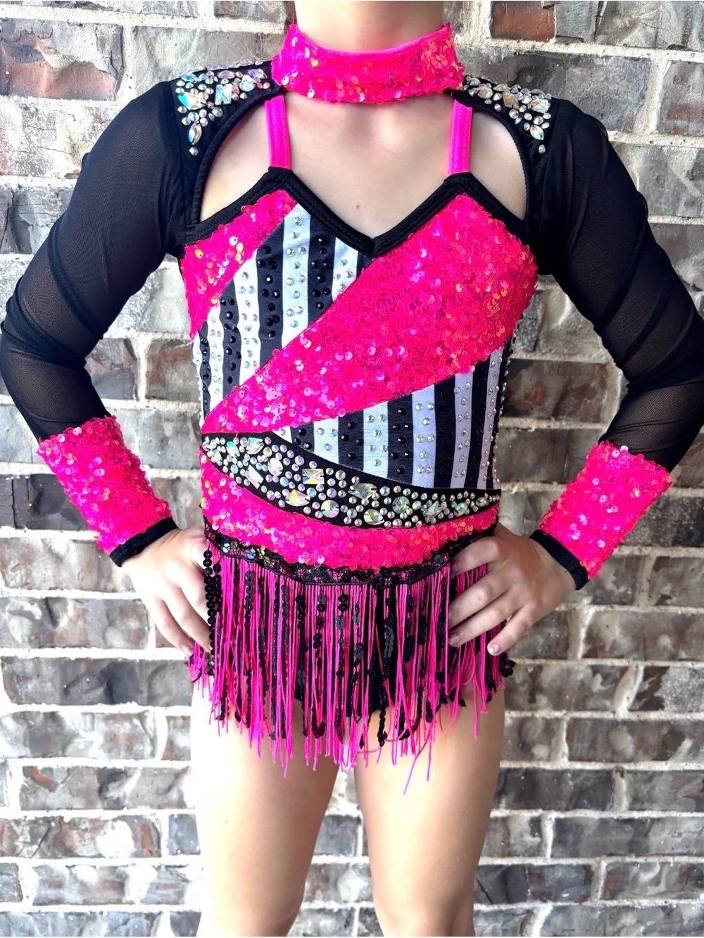 Glamour - Hot Pink Sequin Dance Costume with Black Mesh Sleeves