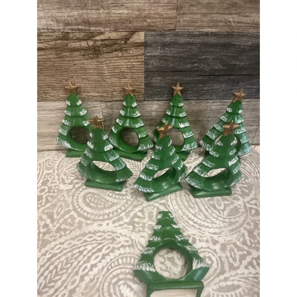 Set of 7 Christmas Tree Napkin Rings Green Ceramic Snow Star Holiday Table Decor